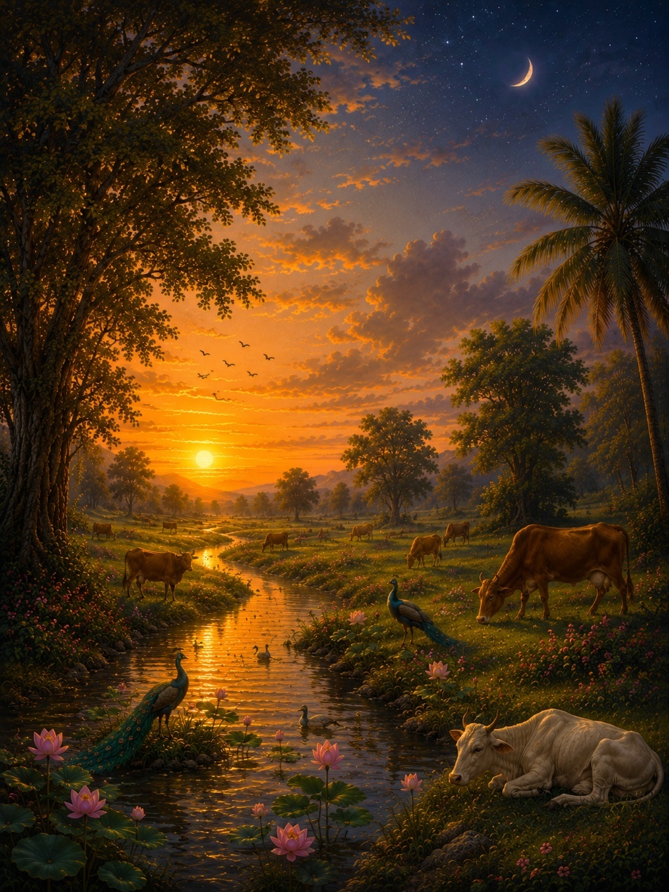 A painting of a river with cows and peacocks
AI-generated content may be incorrect.