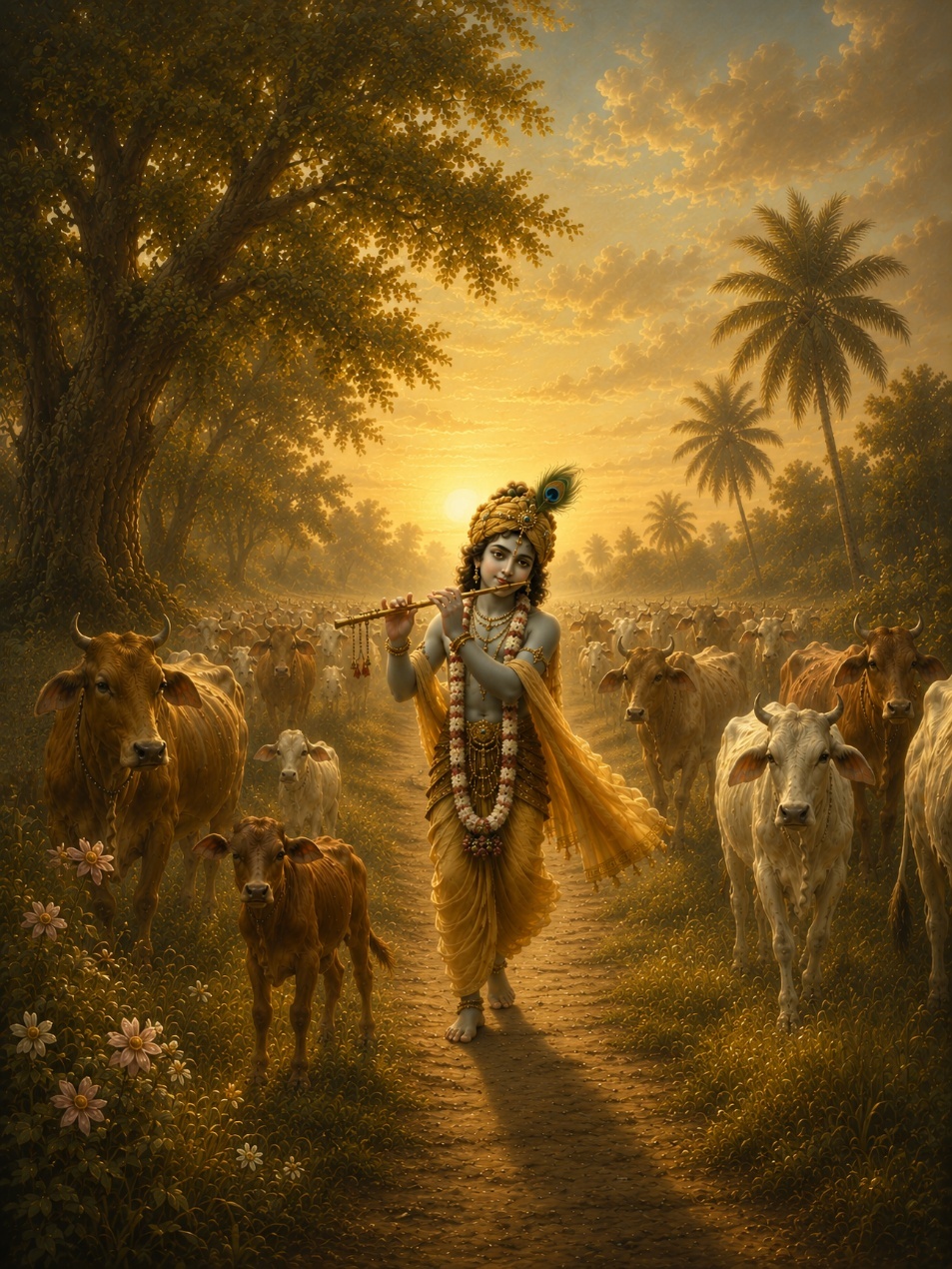 A painting of a child with a flute and cows
AI-generated content may be incorrect.