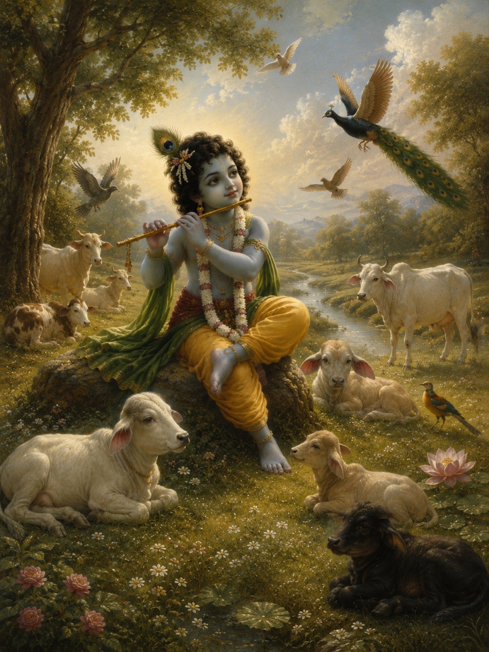 A painting of a child playing a flute with many animals around
AI-generated content may be incorrect.