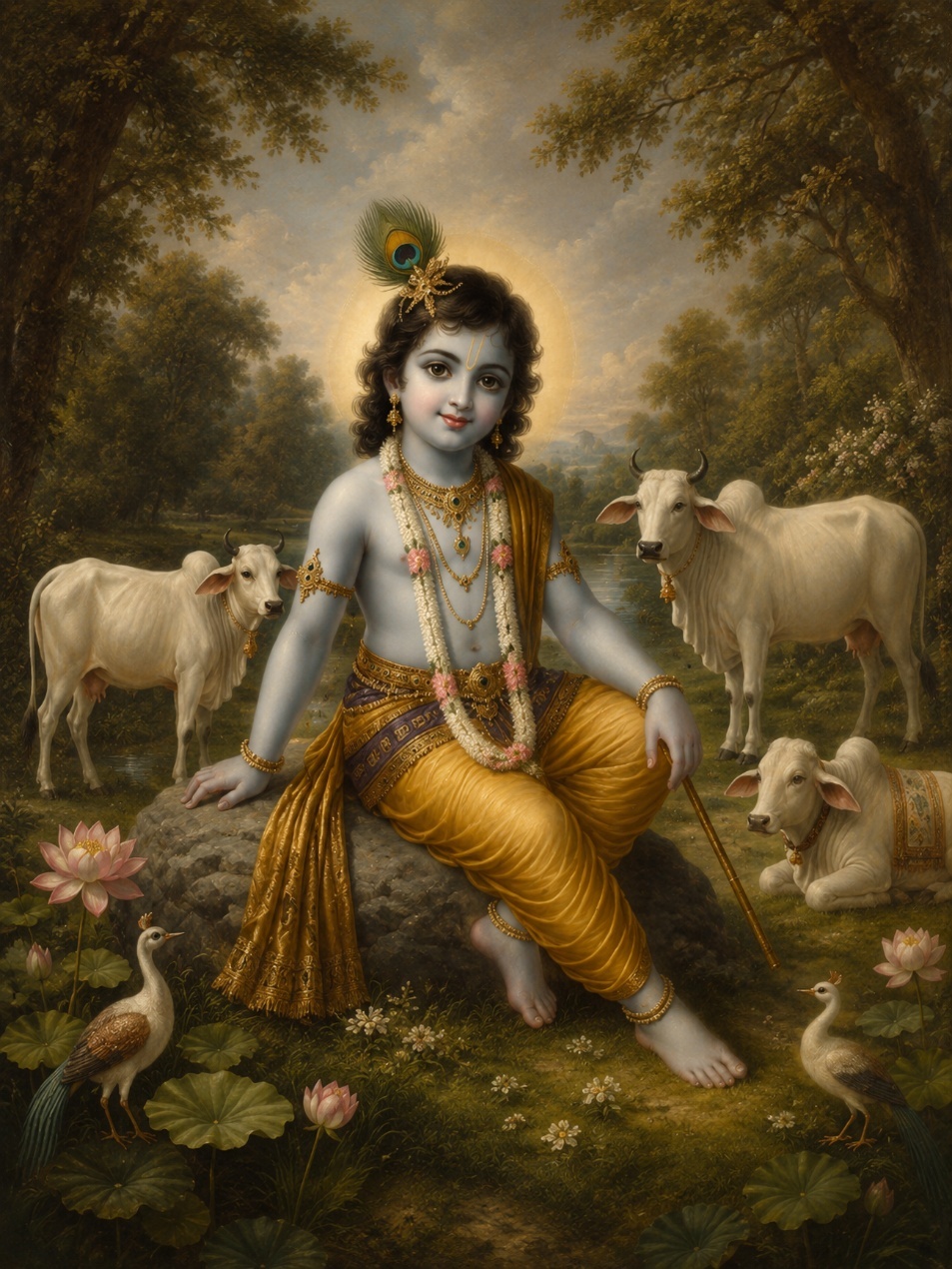 A painting of a child sitting on a rock surrounded by animals
AI-generated content may be incorrect.