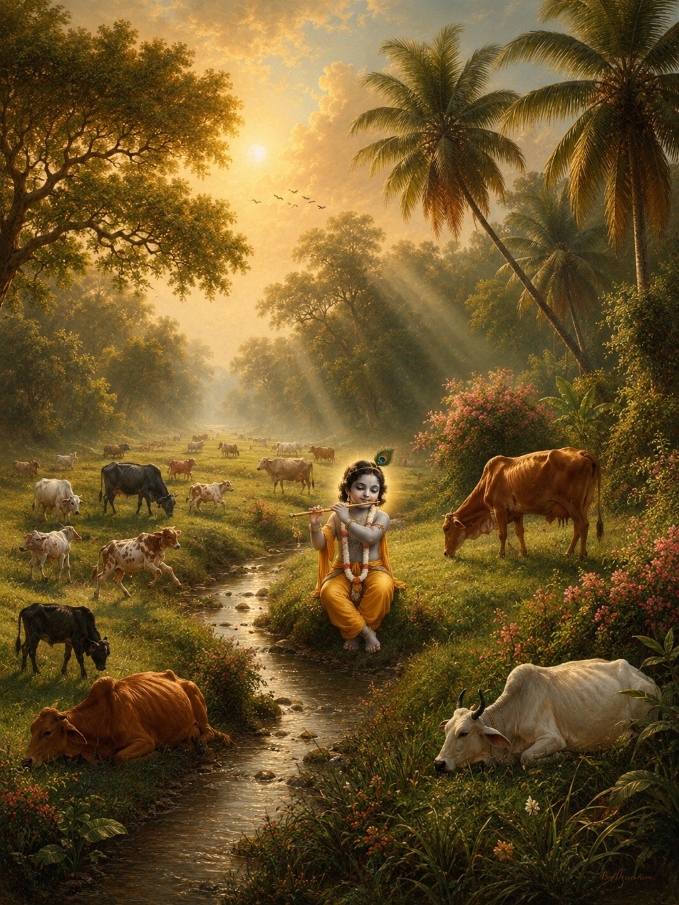 A painting of a baby krishna sitting on a stream with cows
AI-generated content may be incorrect.