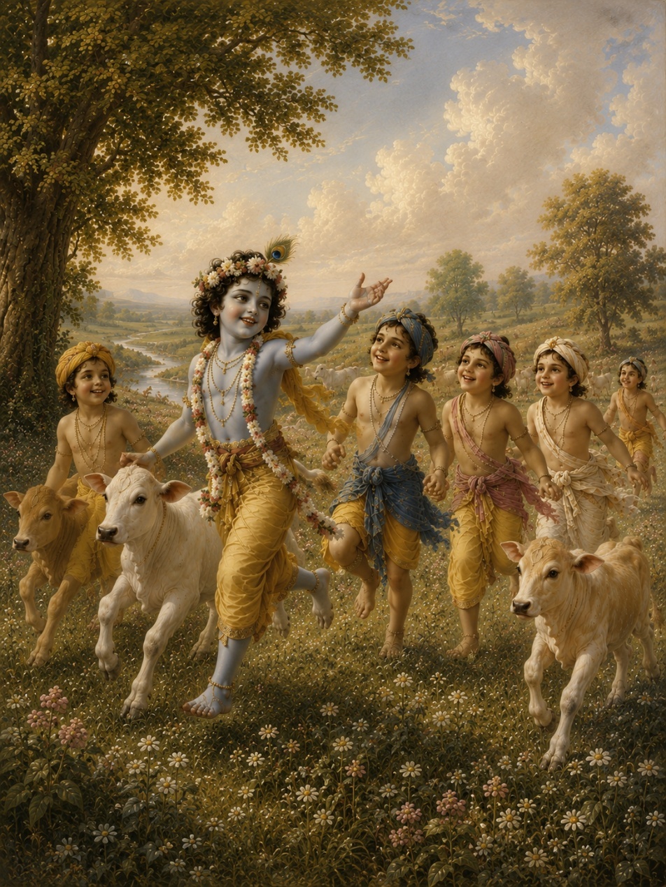 A painting of a group of children running with cows
AI-generated content may be incorrect.