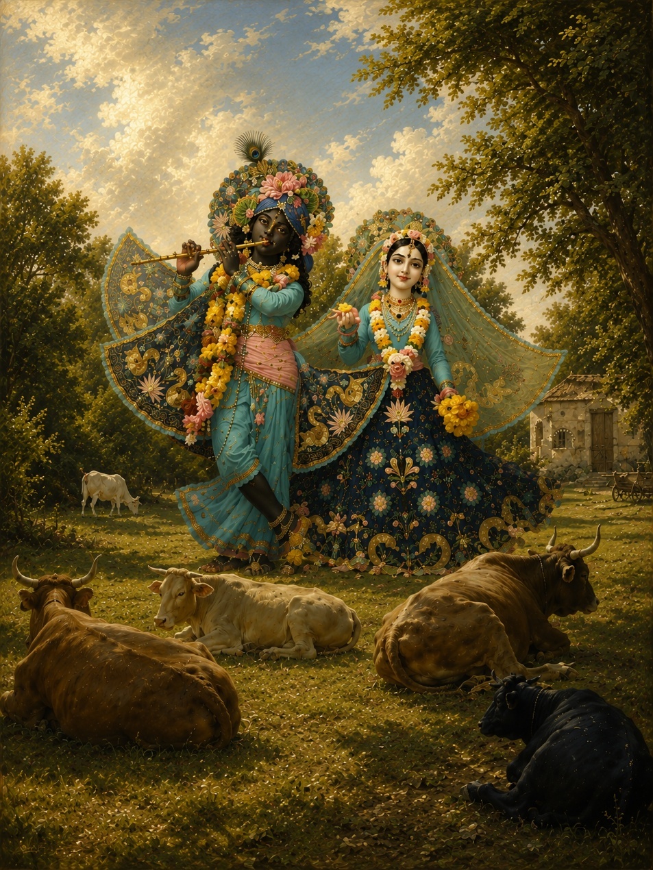 A painting of two people in a field with cows
AI-generated content may be incorrect.